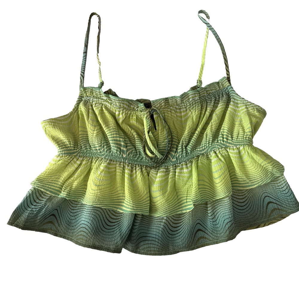 Y2K NWT Green Wave Print Tiered Ruffle Crop Tank Top M Fairy Dopamine Festival